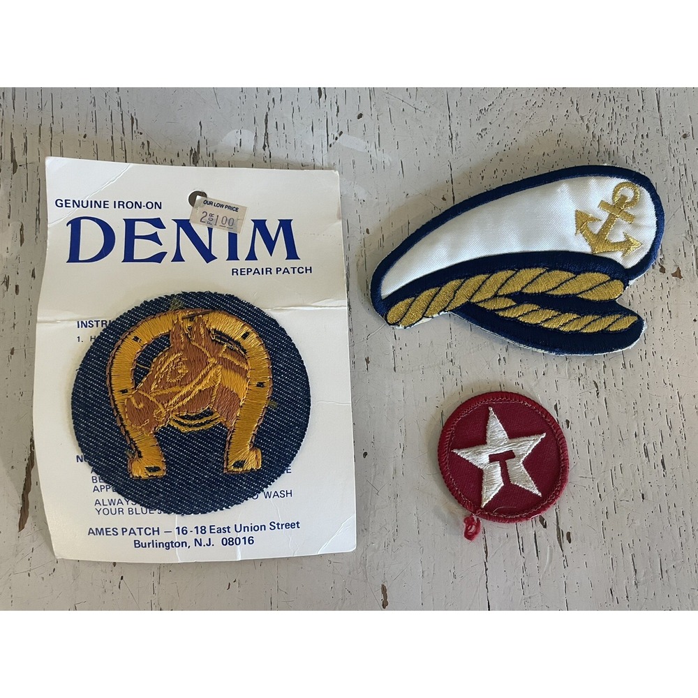 Lot of 3 Vintage Iron Sew On Patches Horseshoe Western Denim Navy Sailor Texaco